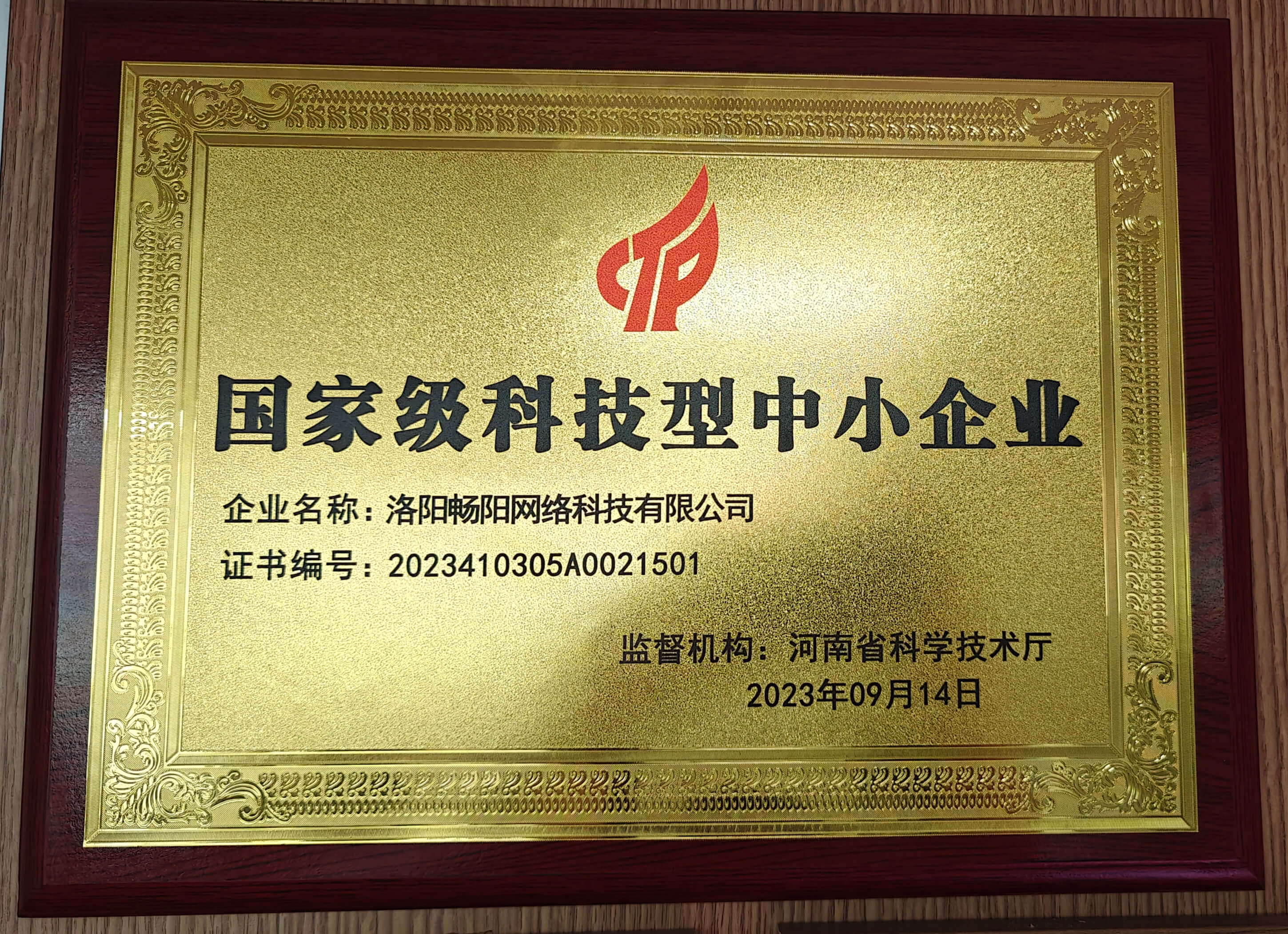 国家级科技型中小企业证书